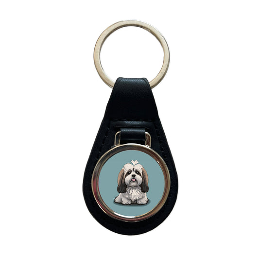 Havanese Dog Sitting Black Leather Metal Keychain