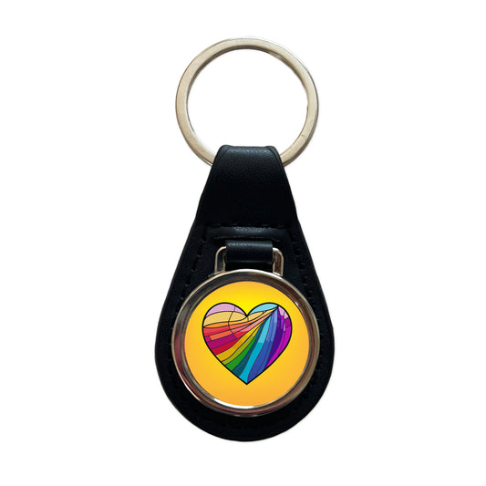 Heart Rainbow Stained Glass Love LGBTQ Black Leather Metal Keychain