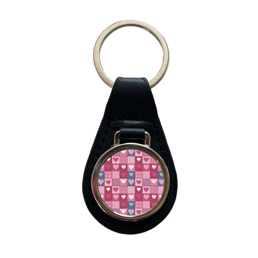 Hearts Quilt Valentines Day Anniversary Love Wedding Pattern Black Leather Metal Keychain