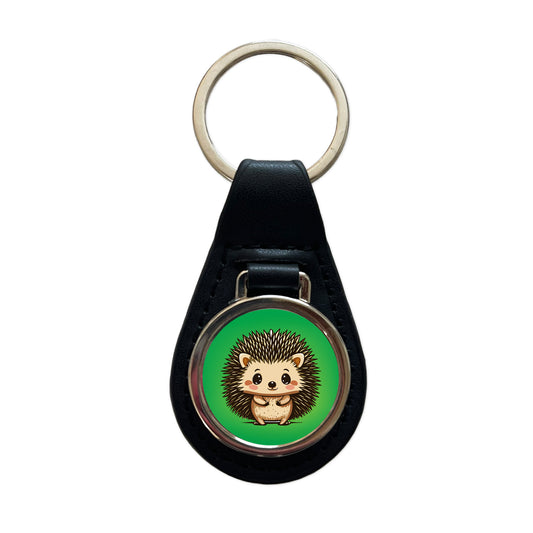 Hedgehog Cute Black Leather Metal Keychain