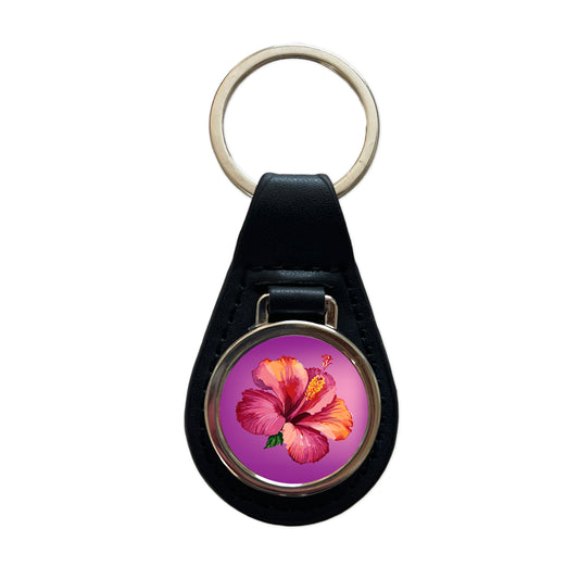 Hibiscus Flower Tropical Watercolor Black Leather Metal Keychain