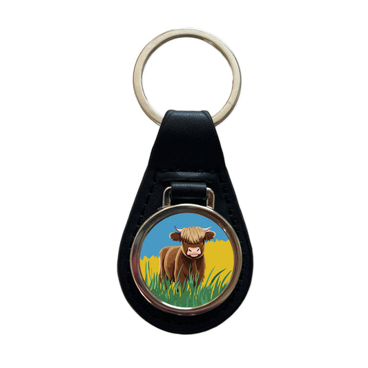 Highland Cow Scruffy Black Leather Metal Keychain
