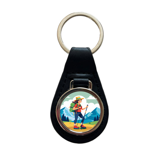 Hiker Hiking Backpacking Woman Black Leather Metal Keychain