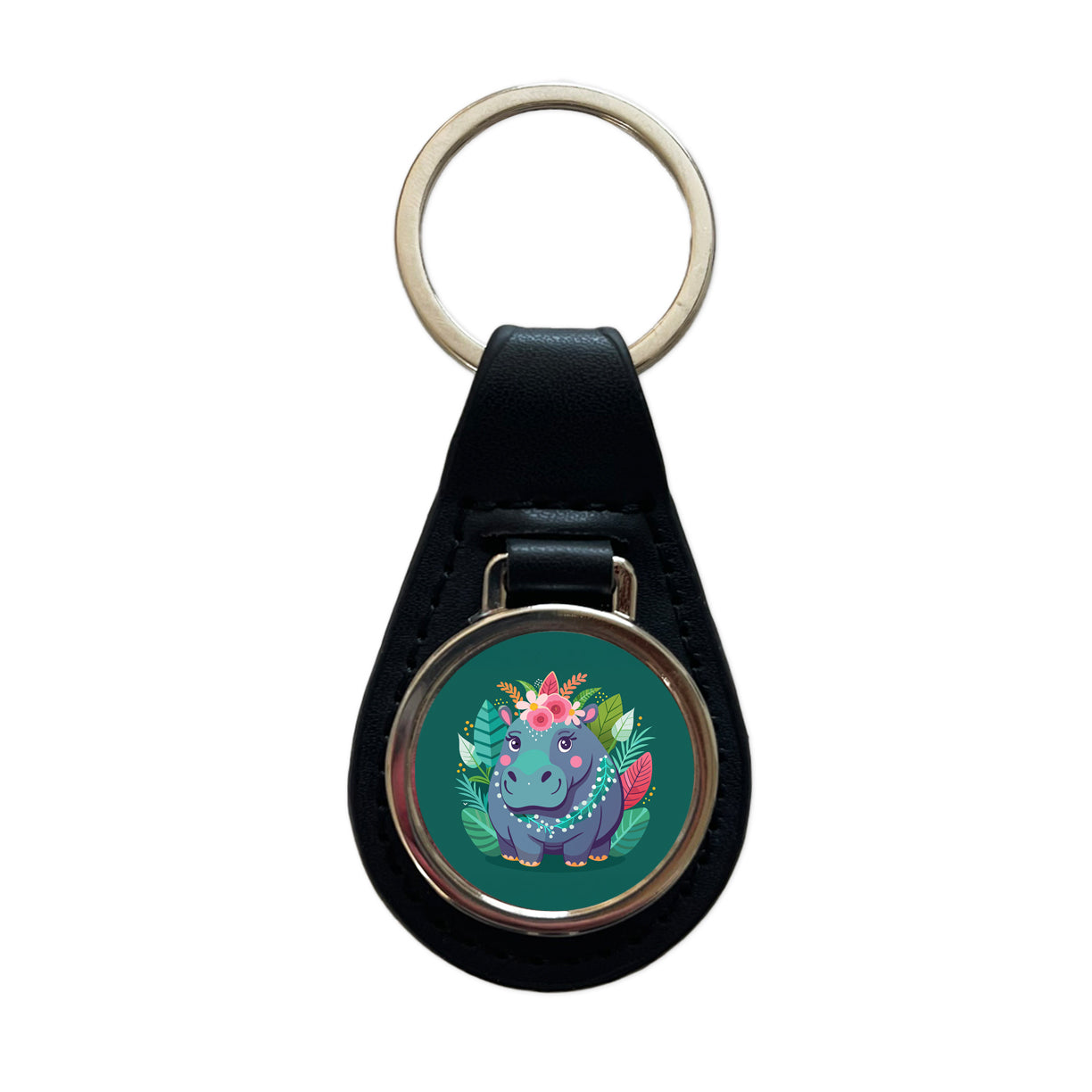 Hippopotamus Floral Flowers Black Leather Metal Keychain
