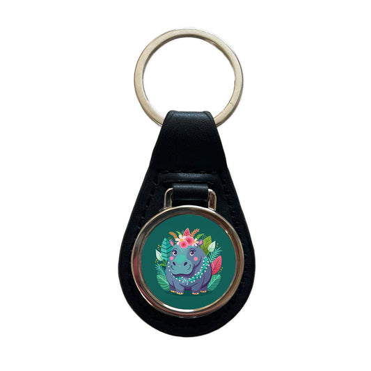 Hippopotamus Floral Flowers Black Leather Metal Keychain