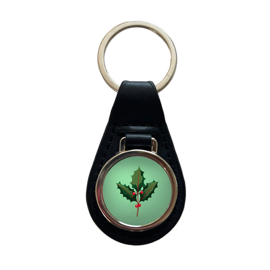 Holly Christmas Greenery Black Leather Metal Keychain