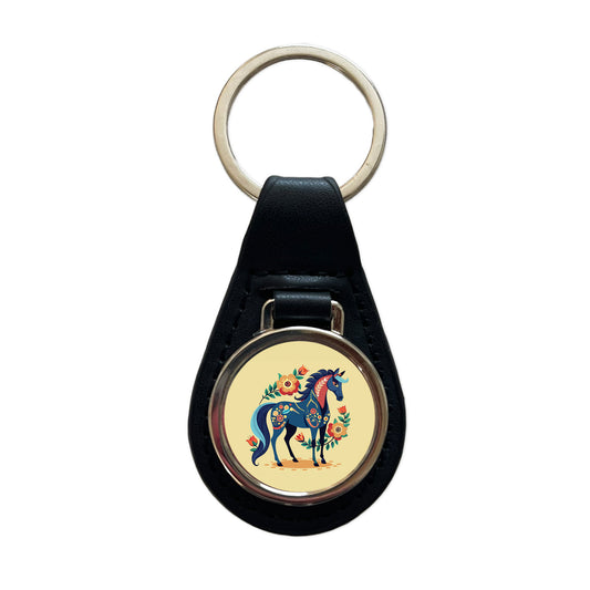 Horse Floral Flowers Cottagecore Country Western Black Leather Metal Keychain