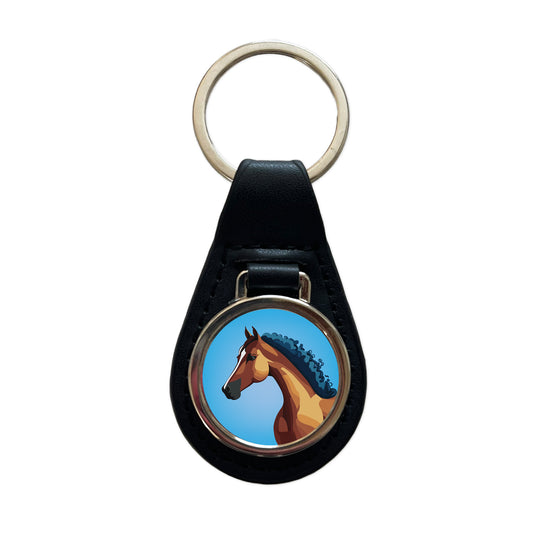 Horse Head Portrait Black Leather Metal Keychain