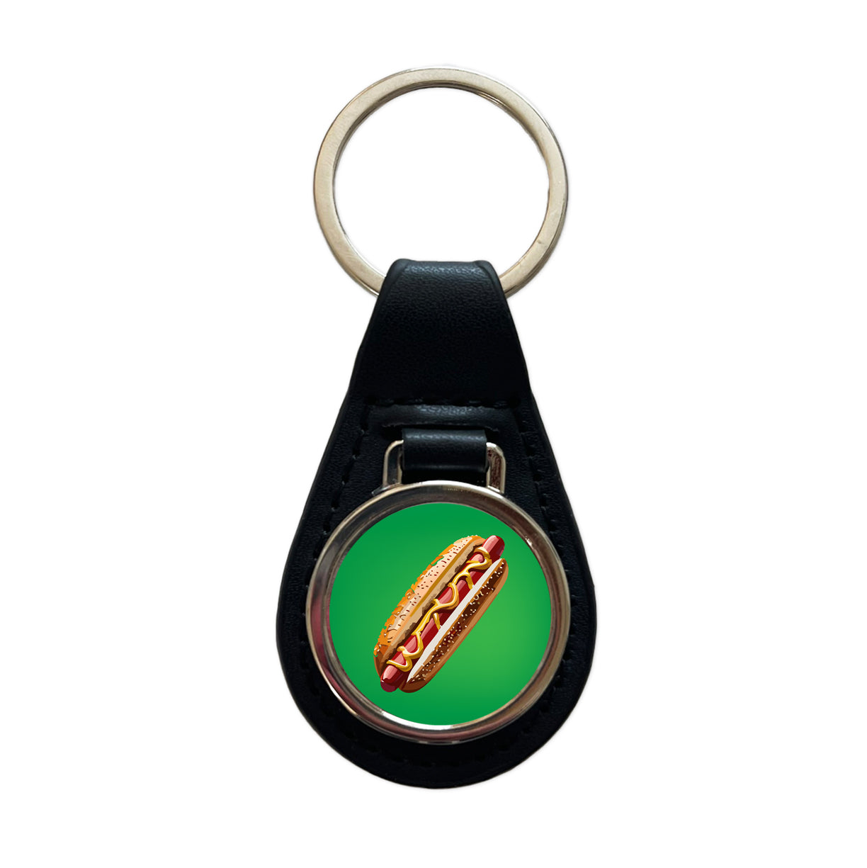 Hotdog Hot Dog Bun Mustard Black Leather Metal Keychain