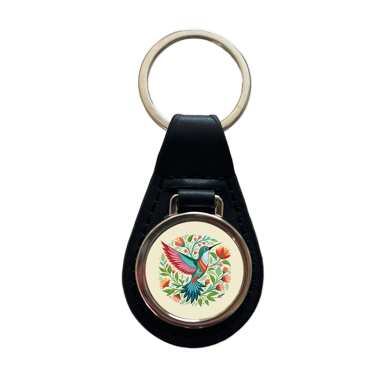 Hummingbird Floral Flowers Black Leather Metal Keychain