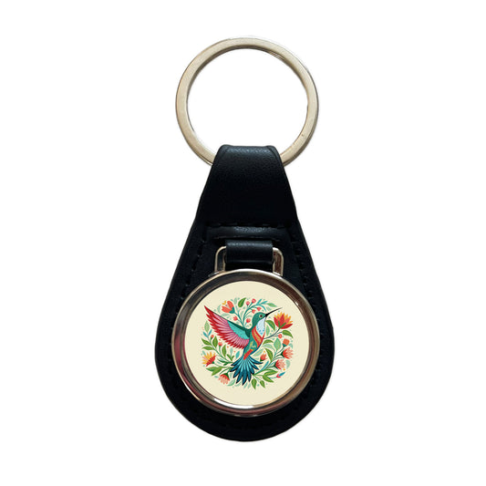 Hummingbird Floral Flowers Black Leather Metal Keychain