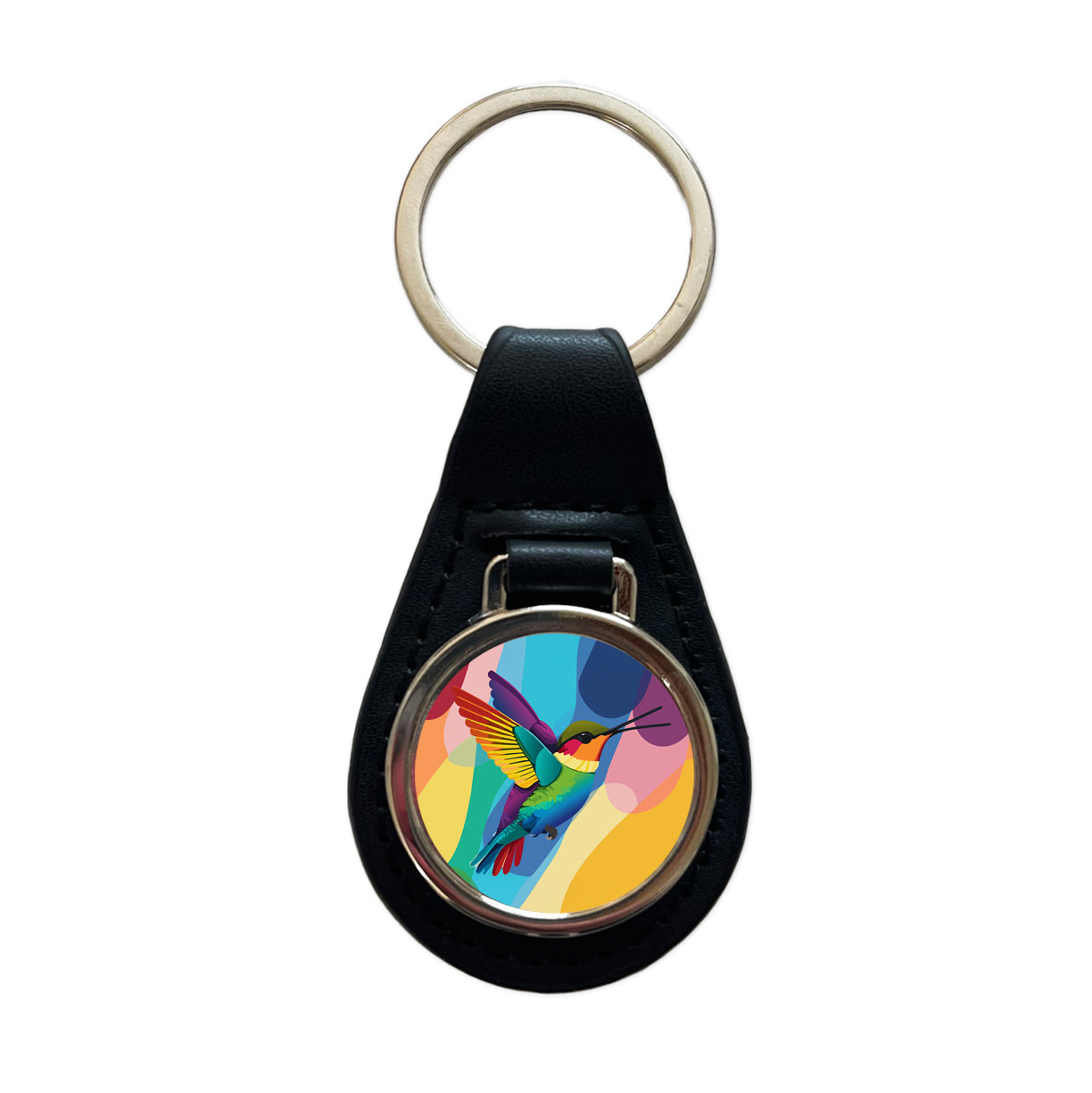 Hummingbird Rainbow Black Leather Metal Keychain
