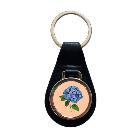 Hydrangea Flower Blue Black Leather Metal Keychain