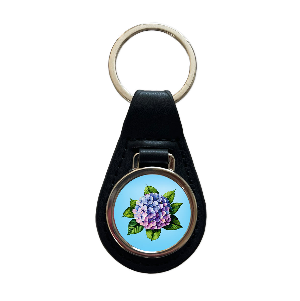 Hydrangea Flower Watercolor Black Leather Metal Keychain