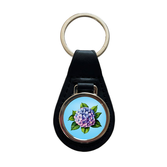 Hydrangea Flower Watercolor Black Leather Metal Keychain