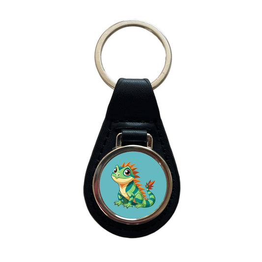Iguana Lizard Cute Black Leather Metal Keychain