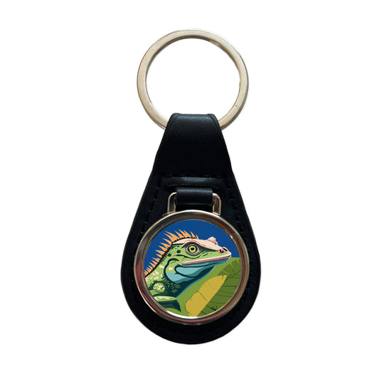 Iguana Lizard Reptile Black Leather Metal Keychain