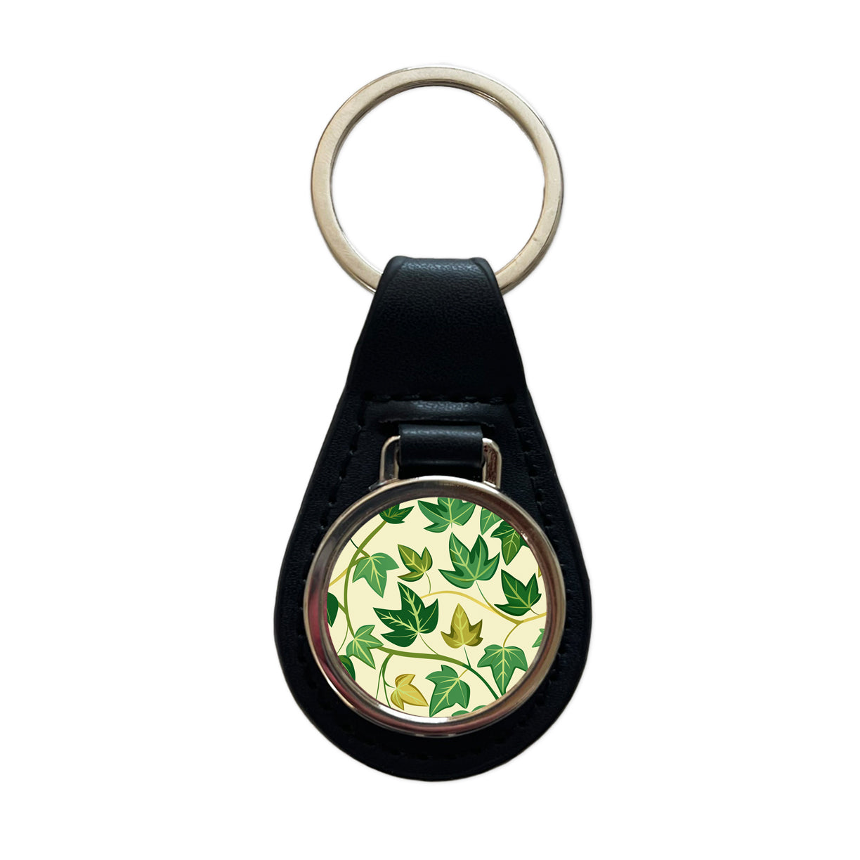 Ivy Vines Pattern Black Leather Metal Keychain