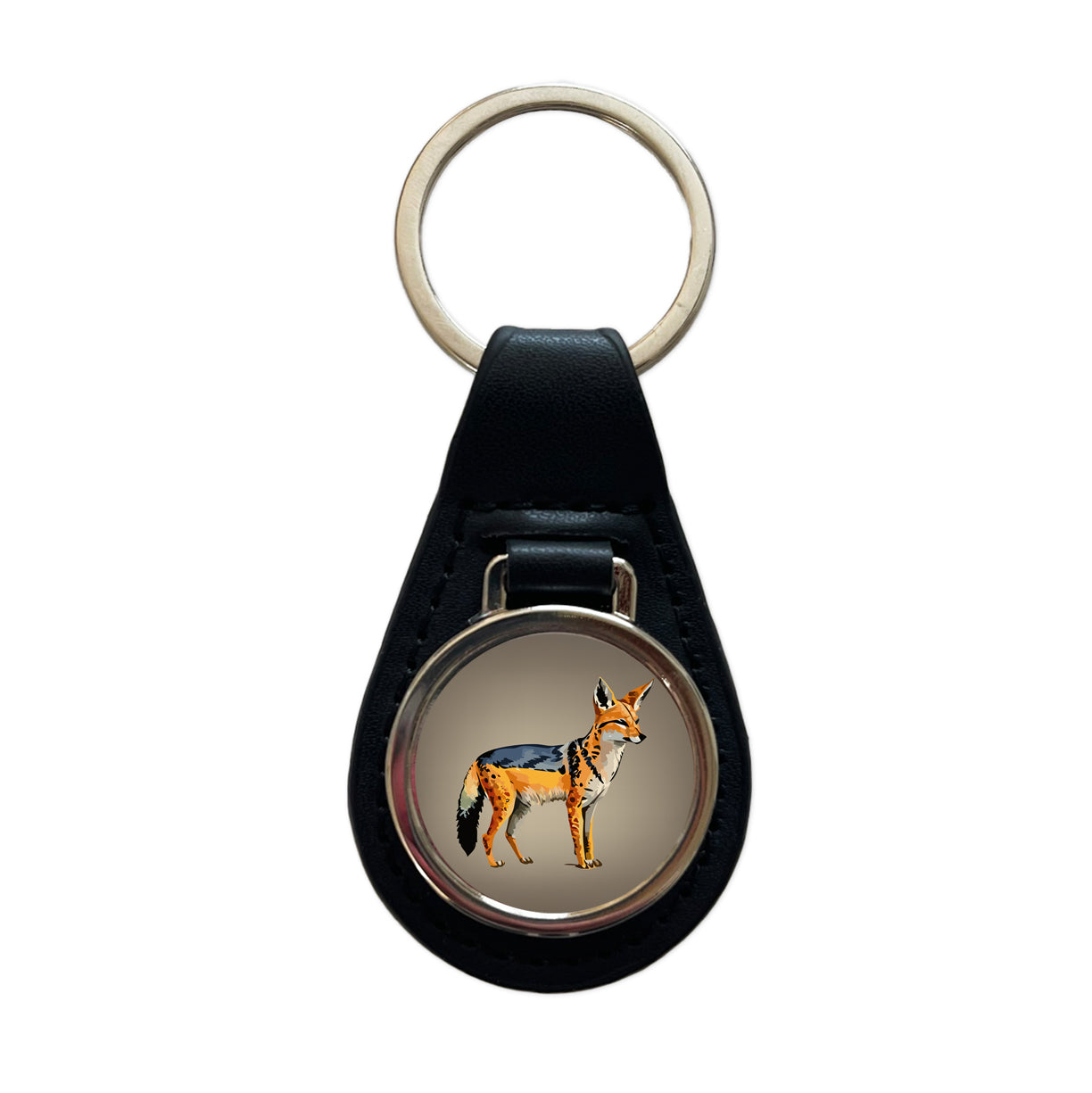 Jackal Watercolor Black Leather Metal Keychain