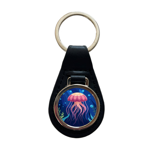 Jelly Fish in Ocean Black Leather Metal Keychain