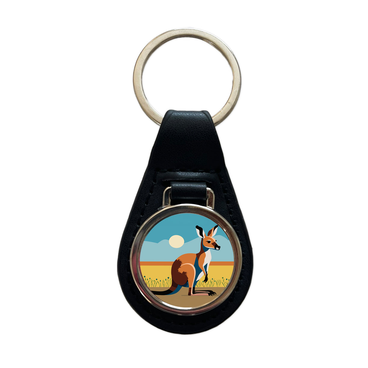 Kangaroo Australia Black Leather Metal Keychain