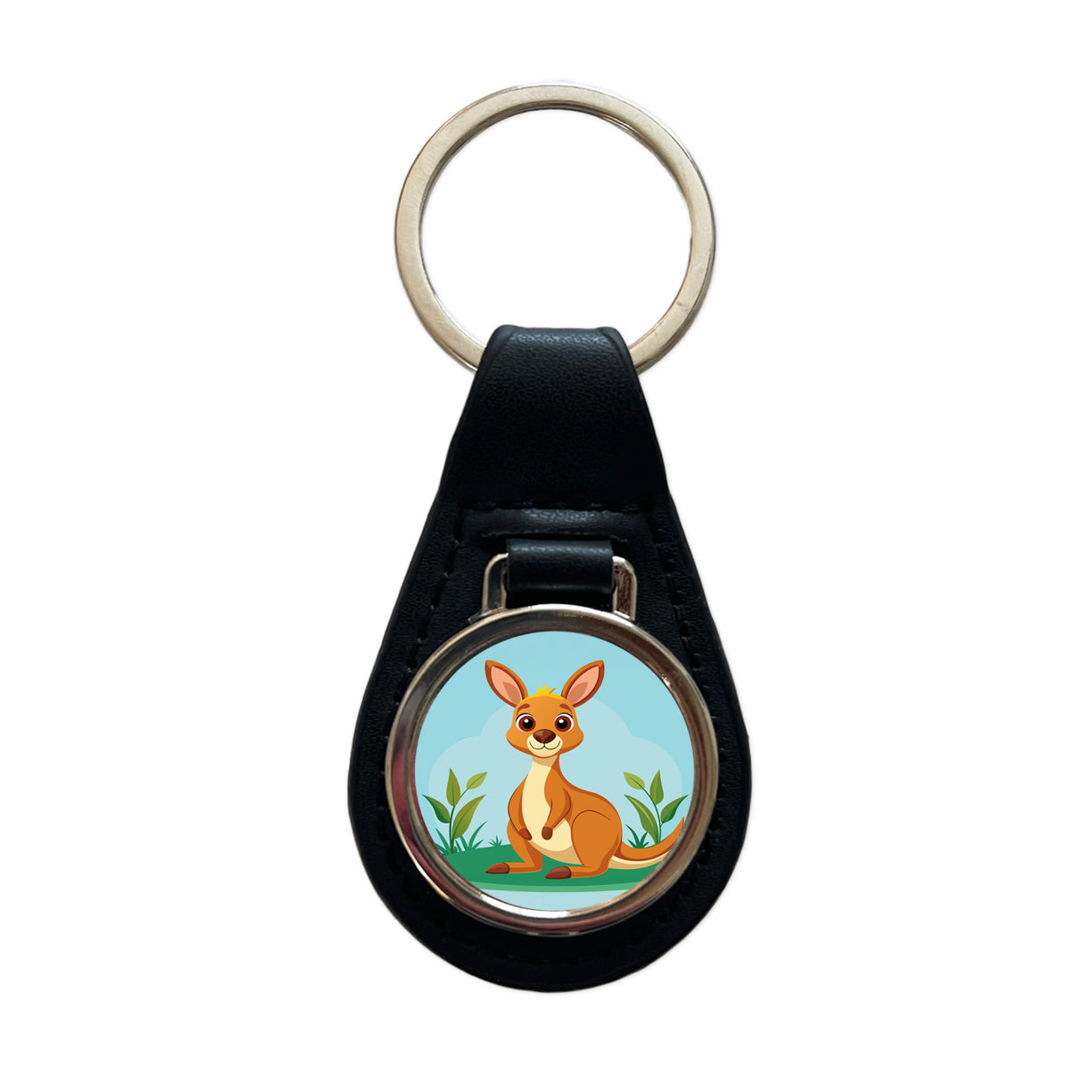 Kangaroo Cute Black Leather Metal Keychain