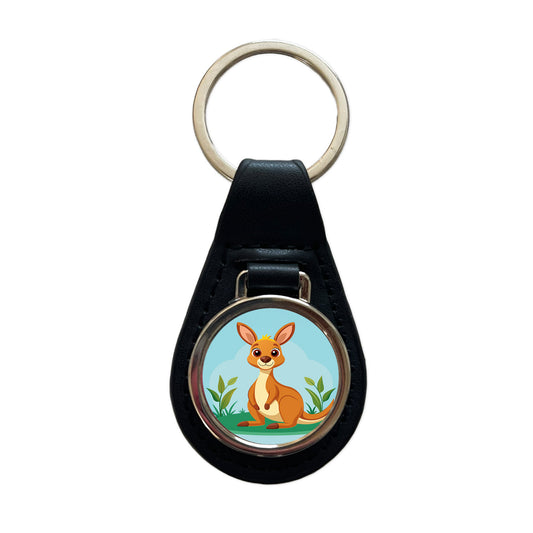 Kangaroo Cute Black Leather Metal Keychain