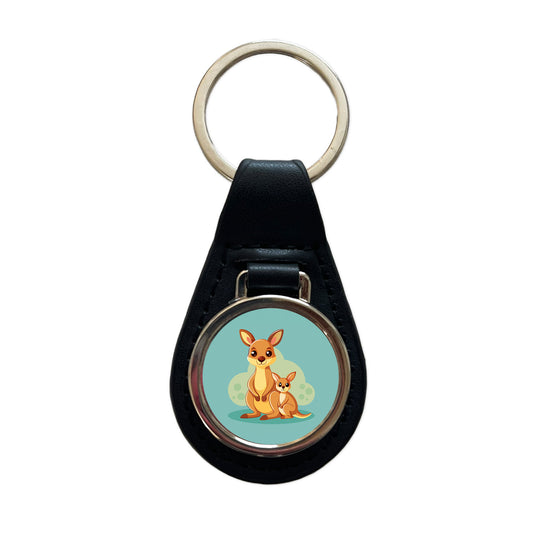 Kangaroo Mom and Baby Black Leather Metal Keychain
