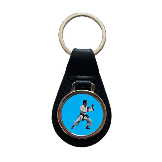 Karate Man Black Leather Metal Keychain