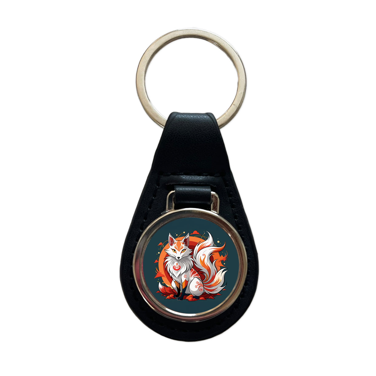 Kitsune Fox Japanese Folklore Black Leather Metal Keychain