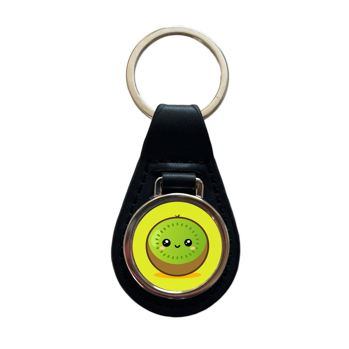 Kiwi Cute Happy Fruit Black Leather Metal Keychain