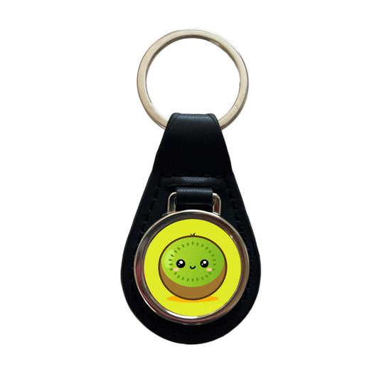 Kiwi Cute Happy Fruit Black Leather Metal Keychain