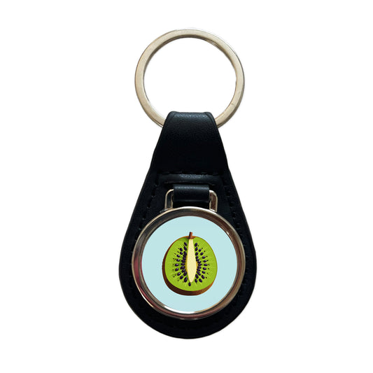Kiwi Fruit Slice Black Leather Metal Keychain