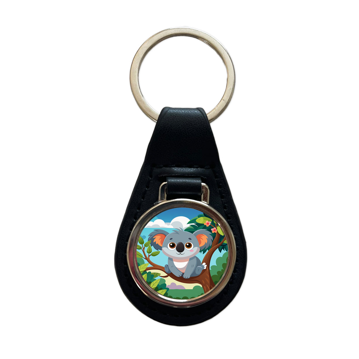 Koala Cute in Tree Black Leather Metal Keychain