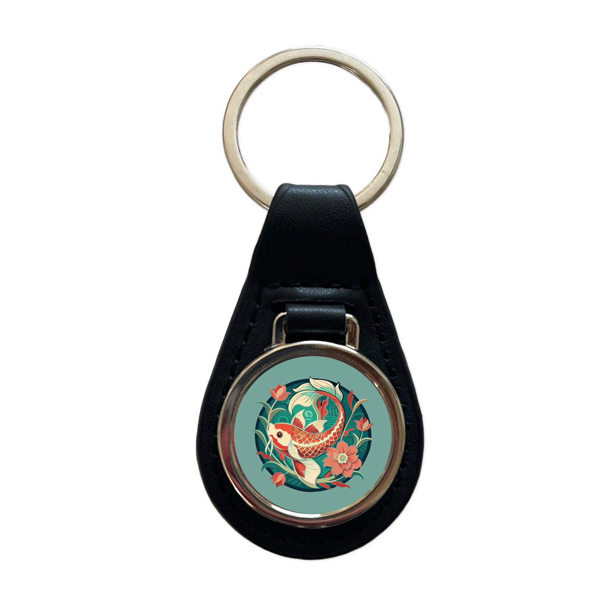Koi Fish Floral Art Nouveau Flowers Elegant Black Leather Metal Keychain