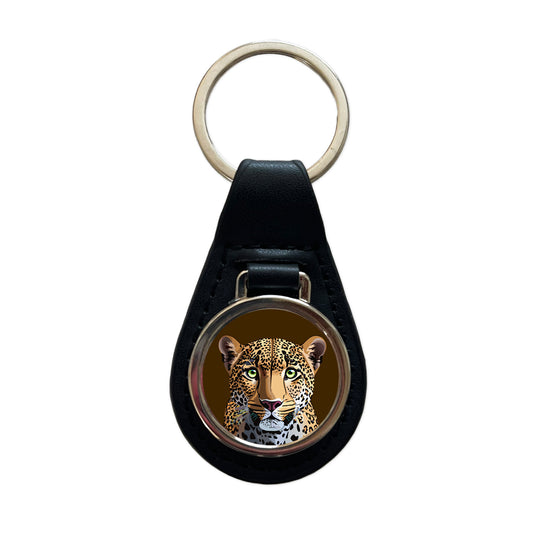 Leopard Cheetah Face Big Cat Black Leather Metal Keychain