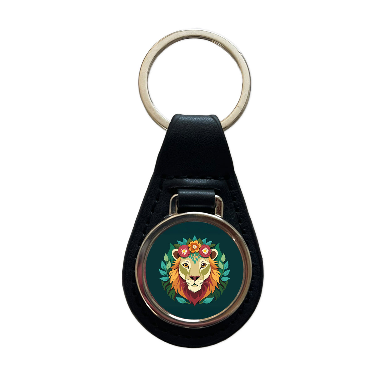 Lion Head Floral Flowers Black Leather Metal Keychain