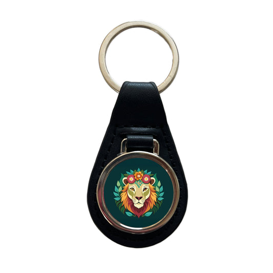 Lion Head Floral Flowers Black Leather Metal Keychain