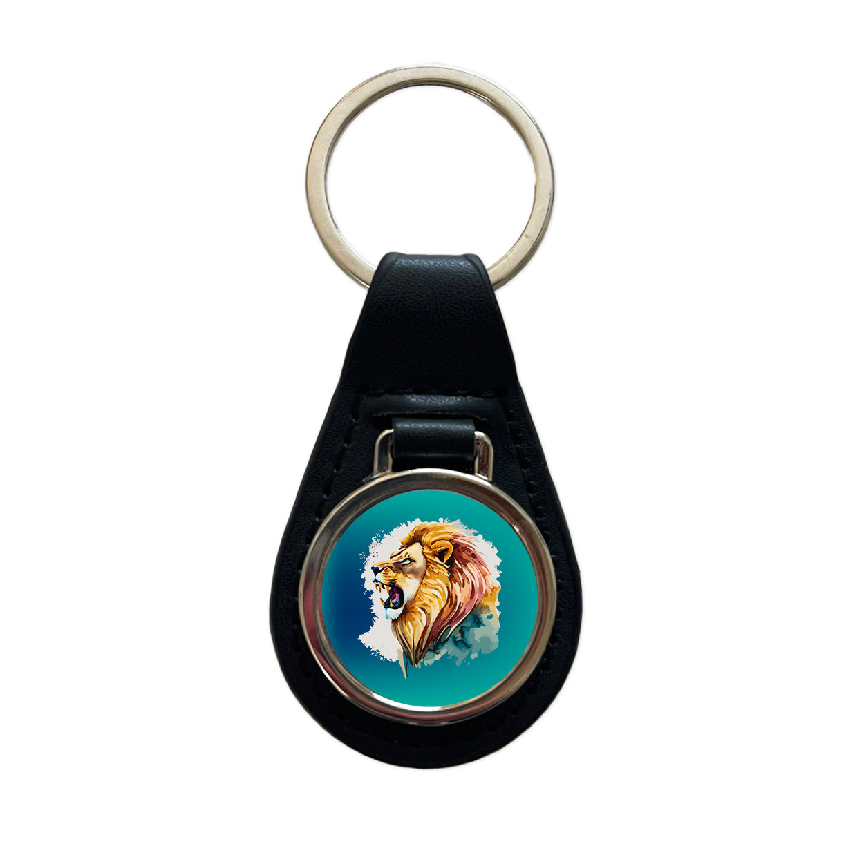 Lion Roaring Male Profile Watercolor Black Leather Metal Keychain