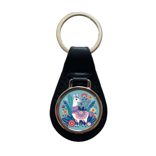 Llama Alpaca Floral Flowers Black Leather Metal Keychain