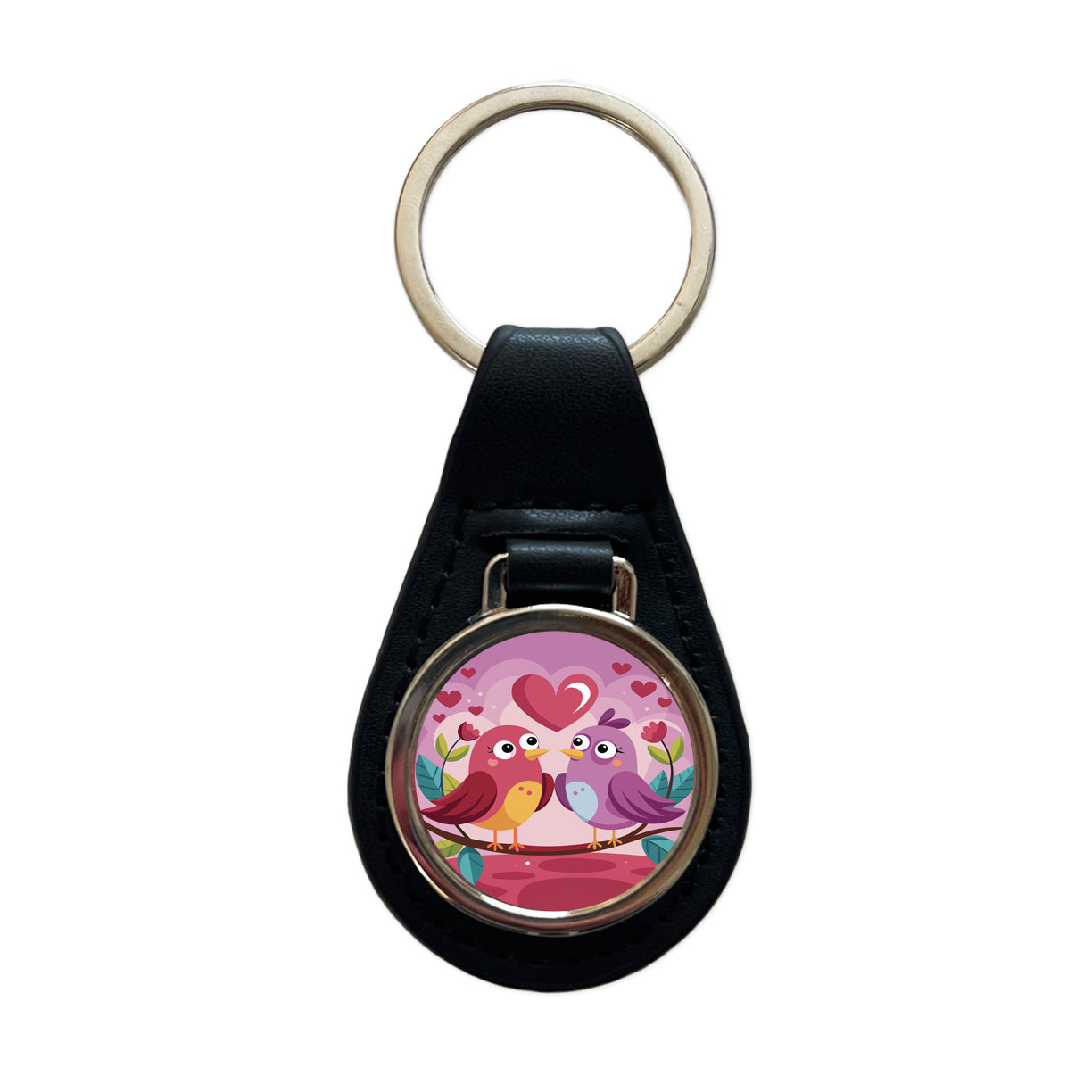 Love Birds Valentines Day Anniversary Wedding Black Leather Metal Keychain