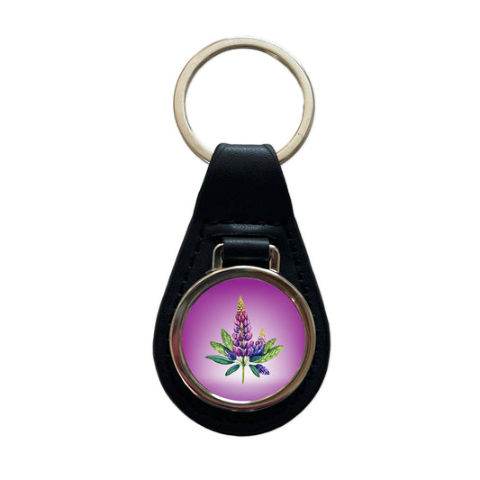 Lupine Plant Flower Watercolor Black Leather Metal Keychain