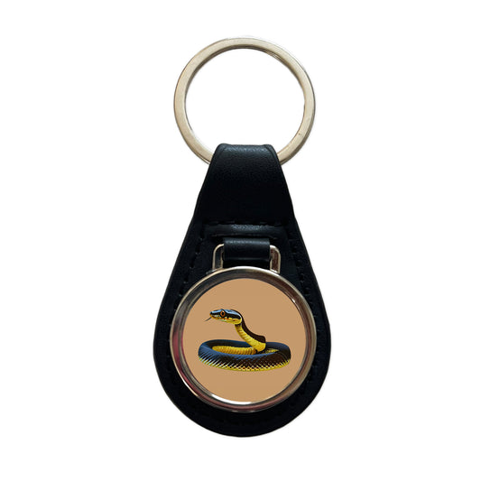 Mamba Snake Coiled Black Leather Metal Keychain