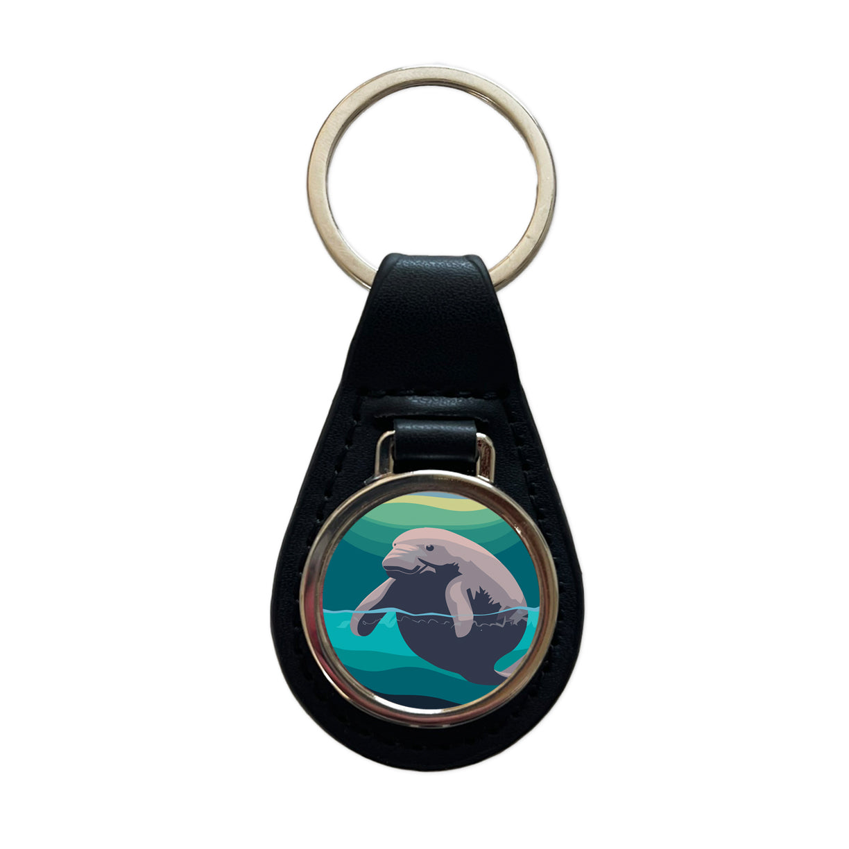 Manatee Ocean Sea Animal Black Leather Metal Keychain
