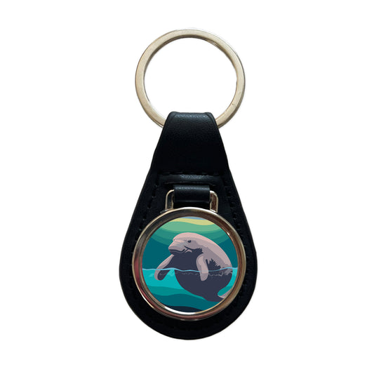 Manatee Ocean Sea Animal Black Leather Metal Keychain