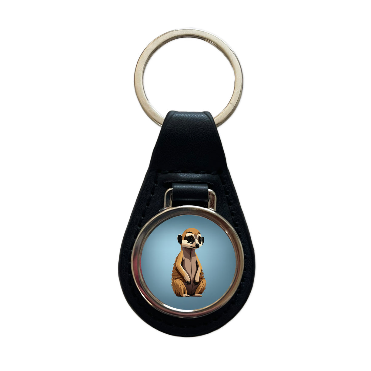 Meerkat Small Mongoose Sitting Black Leather Metal Keychain