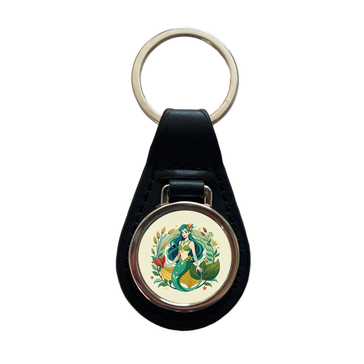Mermaid Under Sea Botanical Art Nouveau Black Leather Metal Keychain