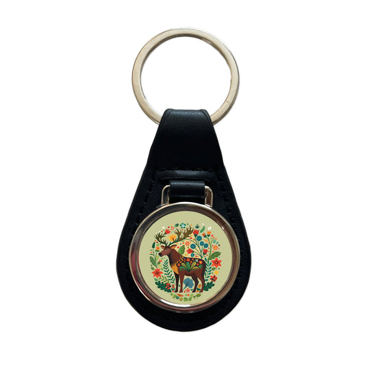 Moose Floral Flowers Black Leather Metal Keychain