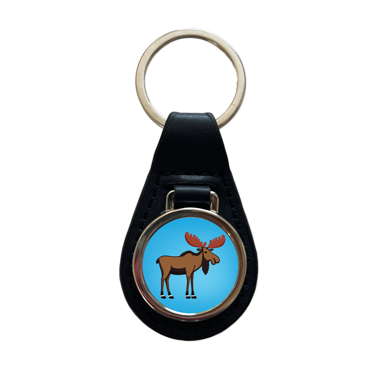 Moose Profile Black Leather Metal Keychain