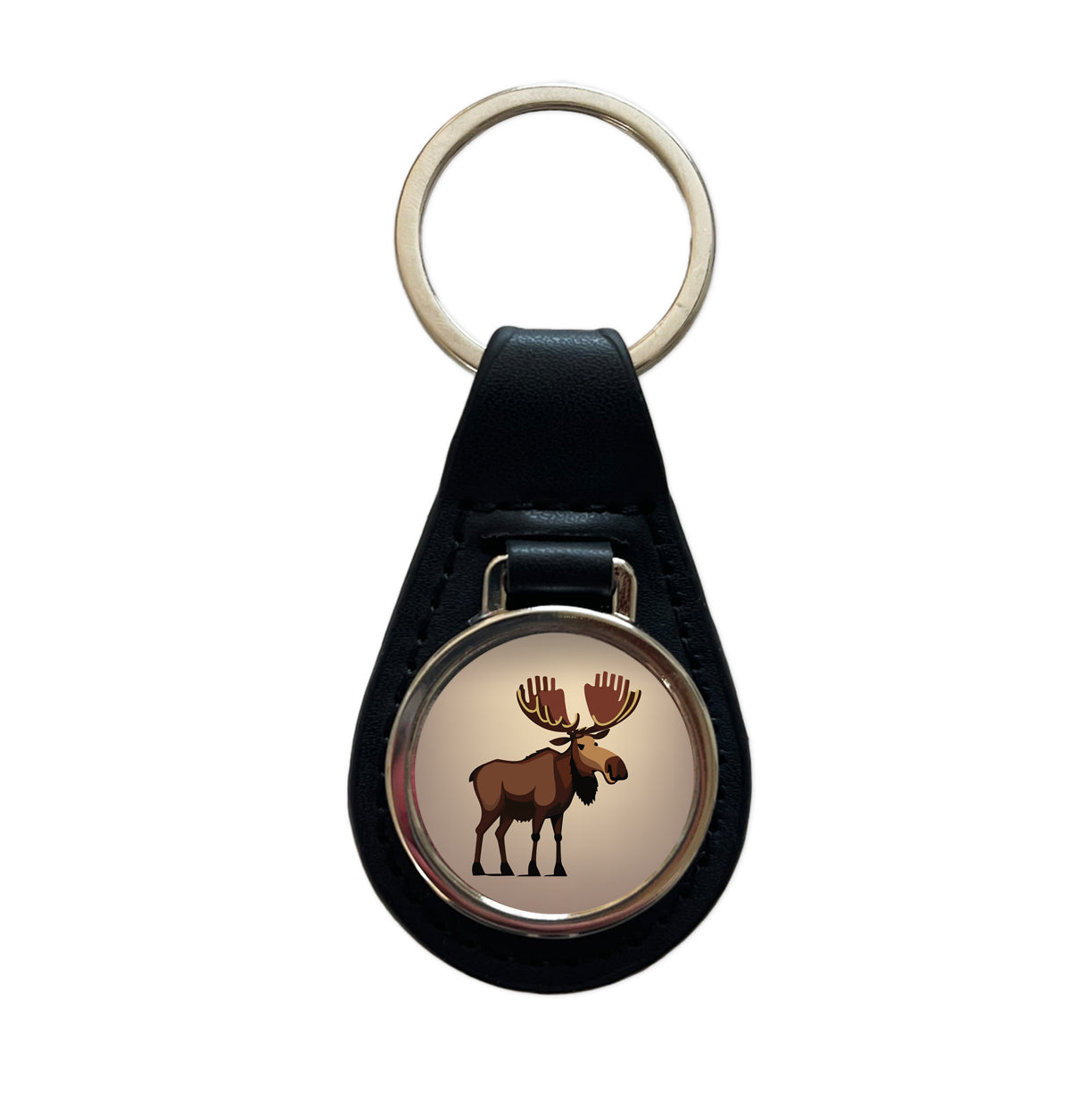 Moose Standing Black Leather Metal Keychain
